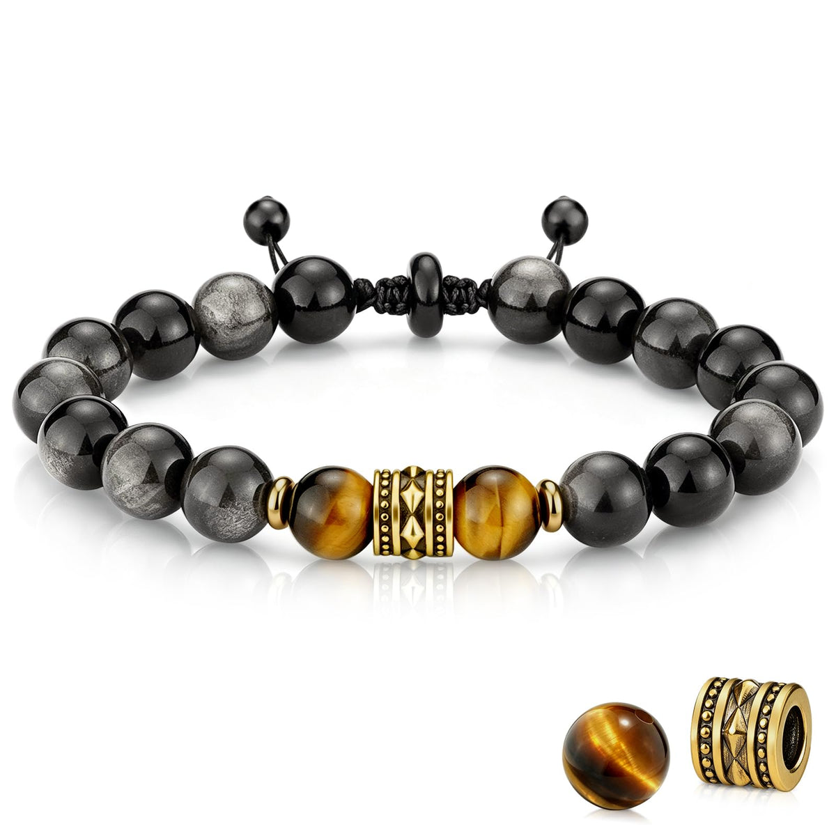 Men's Natural Stone Beaded Bracelet Adjustable Wax Cord Sliding Knot