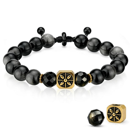 Men's Natural Stone Beaded Bracelet Adjustable Wax Cord Sliding Knot