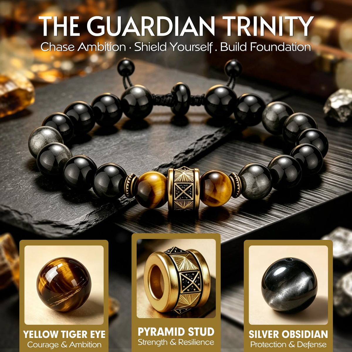 Men's Natural Stone Beaded Bracelet Adjustable Wax Cord Sliding Knot