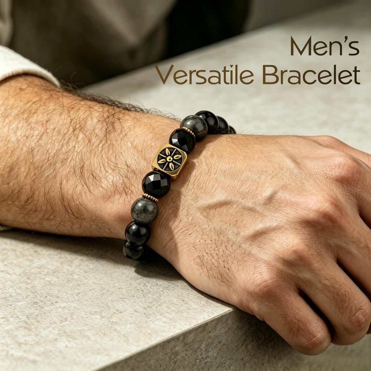 Men's Natural Stone Beaded Bracelet Adjustable Wax Cord Sliding Knot