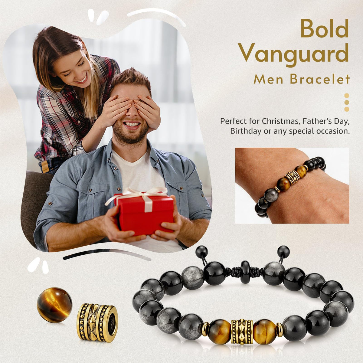 Men's Natural Stone Beaded Bracelet Adjustable Wax Cord Sliding Knot